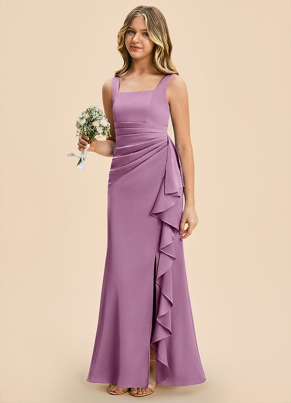 Azazie Adrienne Junior Wisteria Sheath Pleated Stretch Satin Dress image1