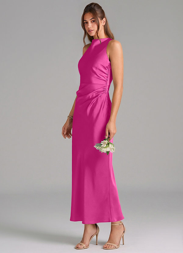 Azazie Evadne Vestidos Dama de Honor Vestido de Fucsia de Satén Elástico de Corte Recto con Plisado image1