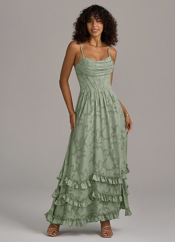 Azazie Lettie Bridesmaid Dresses Agave A-Line Corset Floral Burnout Dress image1