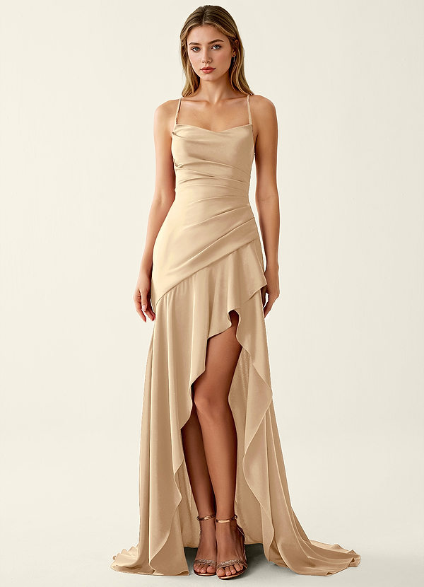 Annabella Rose Champagne Satin Lace Up Back Prom Dress image1