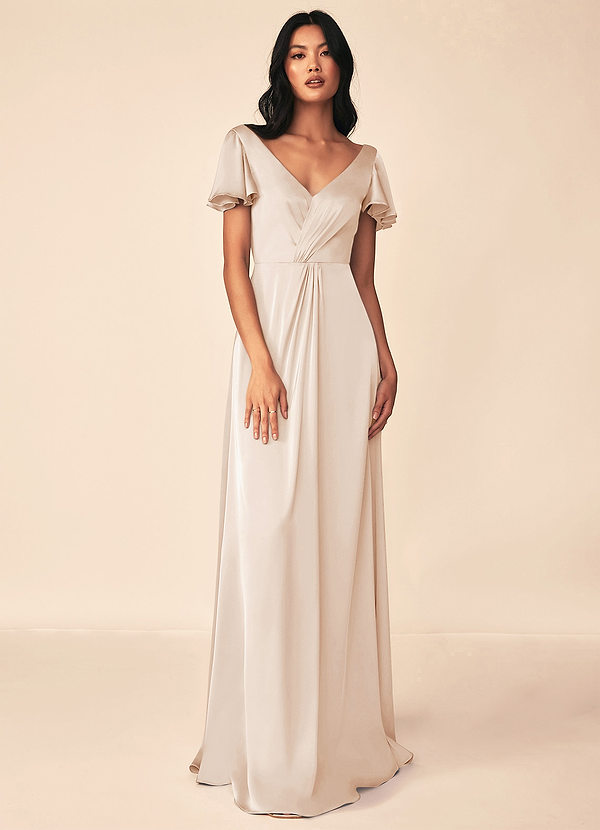 Azazie Soren Robes Demoiselle d'honneur Robe Trapèze en Satin extensible Plissée Albâtre Blanc image1