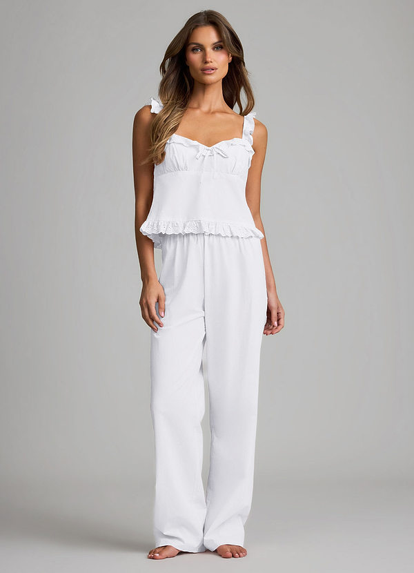 front White Alabaster Woven Cotton Eyelet Ruffle Cami & Wide Leg Pants Cotton Pajama Set