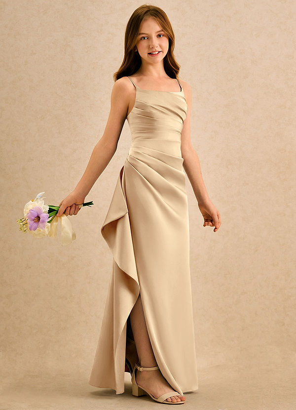 Azazie Cannoli Girls Formal Flower Girl Dresses Champagne A-Line Pleated Stretch Satin Dress image1