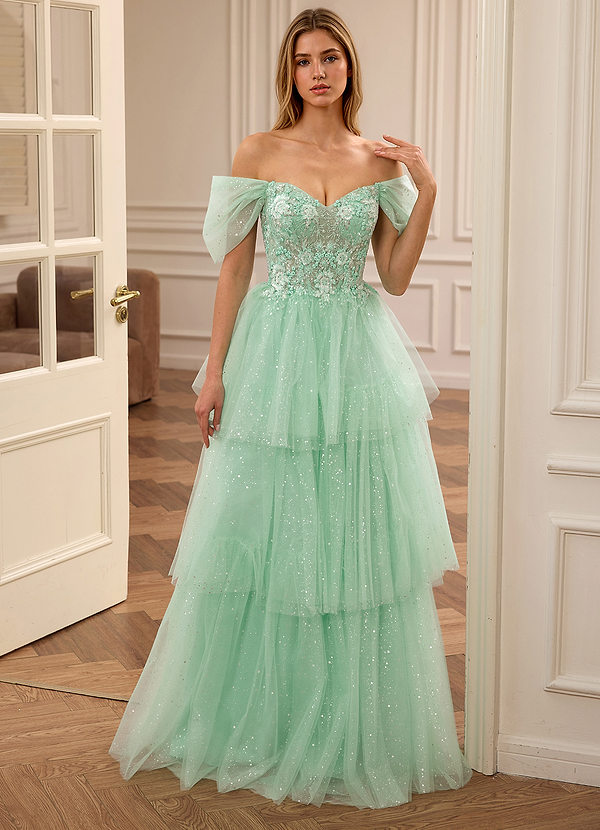 Genevieve Green Off The Shoulder Neckline Lace Prom Dress image1