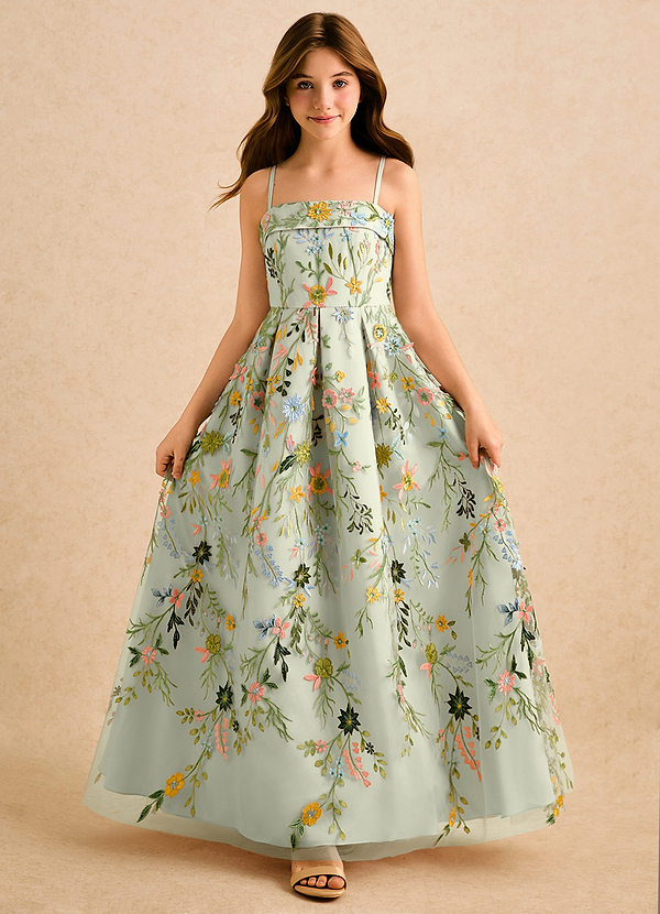 Azazie Lark Girls Formal Kukkaistyttöjen mekot A-linja Pliseerattu Pitsi Lattian pituus Pukeutua image1