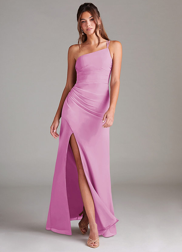Azazie Eren Bridesmaid Dresses Candy Pink Sheath One Shoulder Chiffon Dress image1