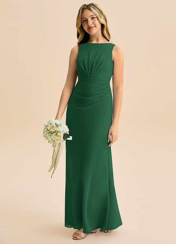 Azazie Floris Junior Vestido de Verde Oscuro de Gasa de Corte en A con Plisado image1