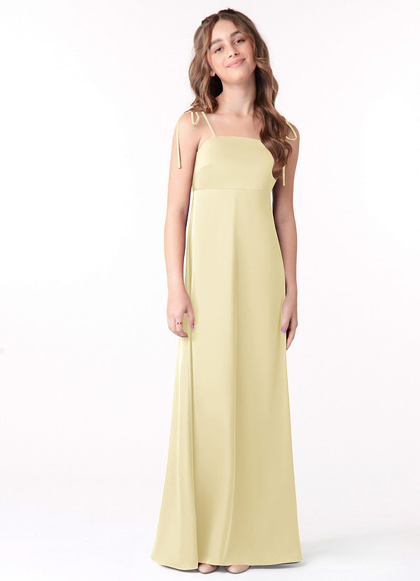 Azazie Violeta Junior Lemon Sorbet A-Line Bow Stretch Satin Dress image1