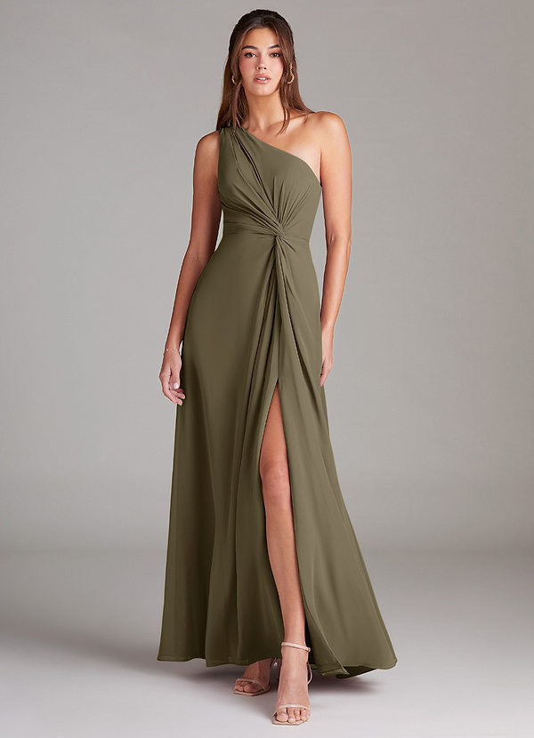 Azazie Brooke Bridesmaid Dresses Willow Green A-Line One Shoulder Chiffon Dress image1