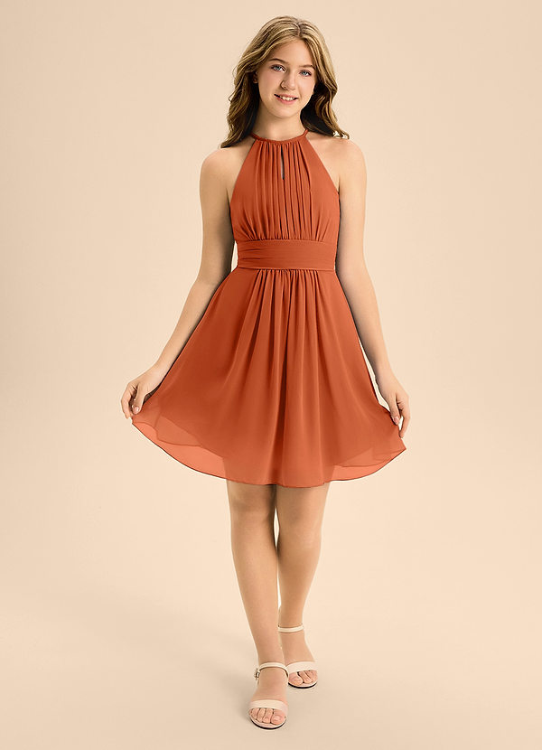 Azazie Bonnie Junior A-Linie Plissee Chiffon Kleid Gebranntes Orange image1