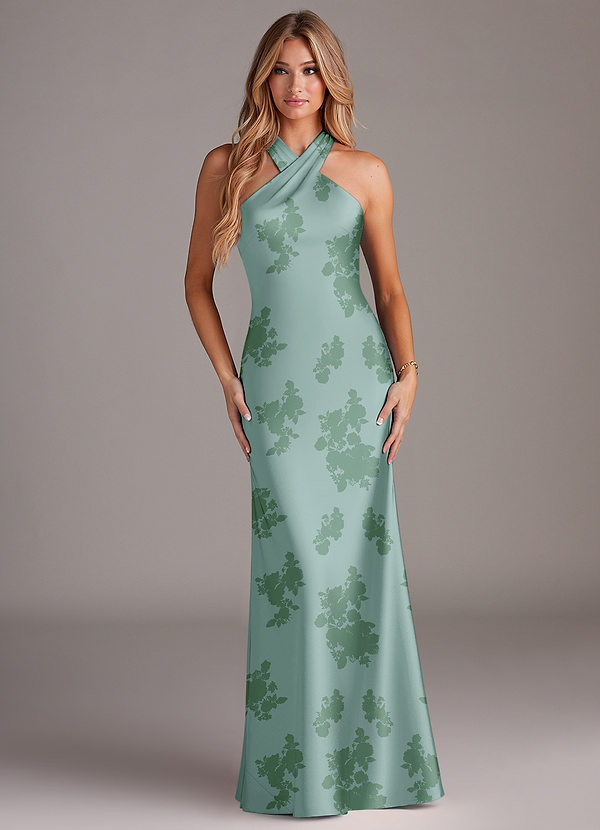 Azazie Doretta Robes Demoiselle d'honneur Robe Sirène en Satin extensible Plissée Fleurs De Sauge Poussiéreuse image1