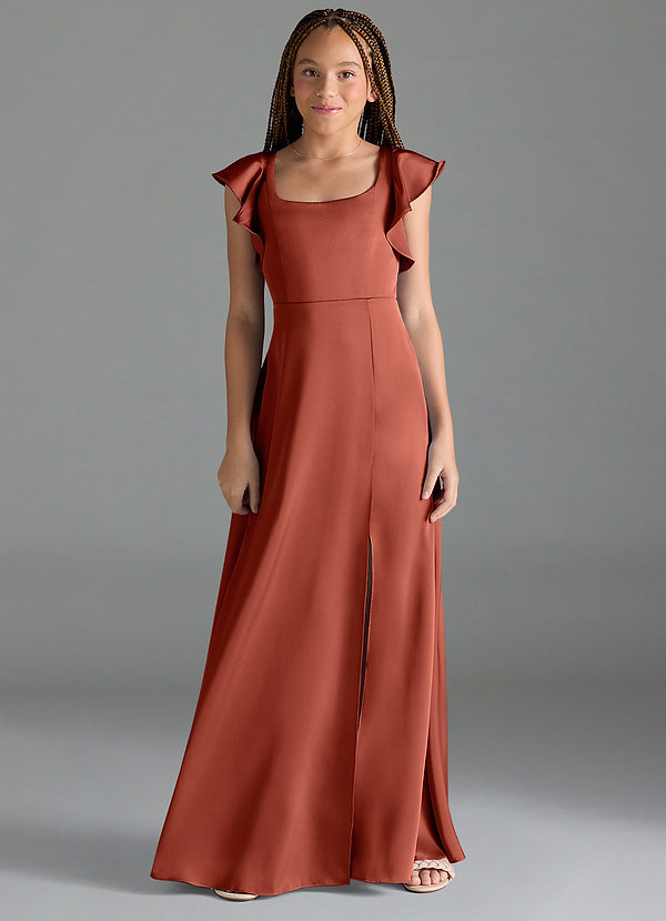 Azazie Bondi Junior Terracotta A-Line Side Slit Stretch Satin Dress image1