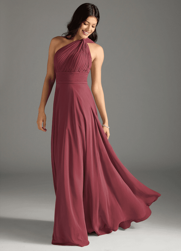 Azazie Charlize Vestido Invitada Boda Vestido de Merlot de Gasa de Corte en A con Hombro unilateral image1