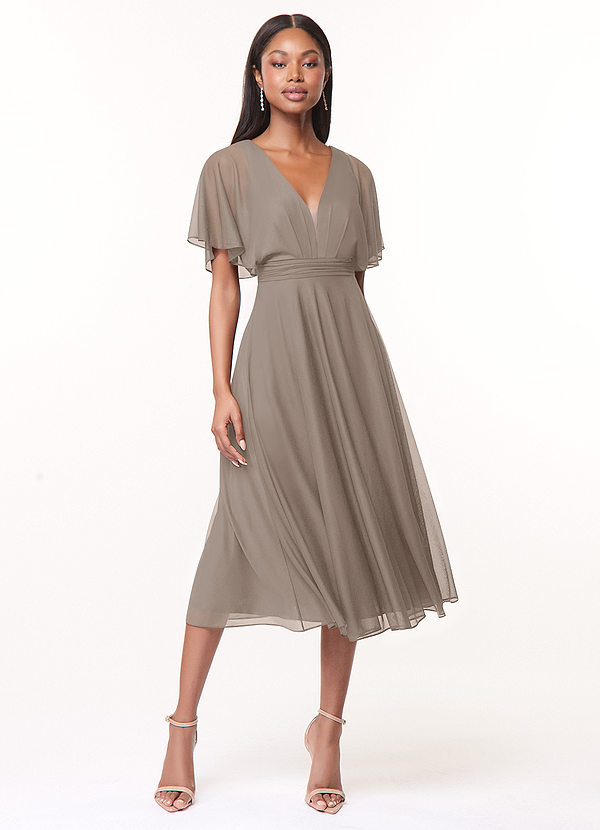 Azazie Tinsley Bridesmaid Dresses Taupe A-Line Pleated Mesh Dress image1