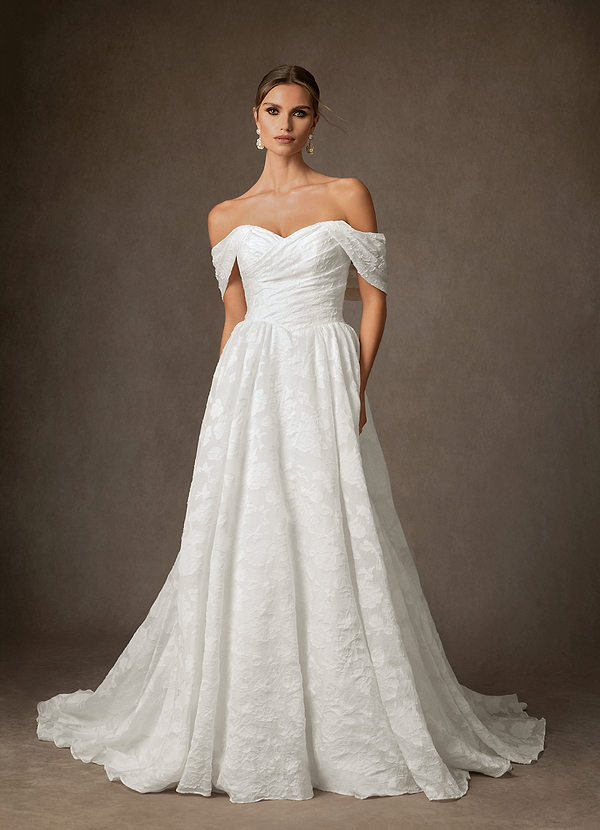 Azazie Carmine Wedding Dresses Diamond White A-Line Off the Shoulder Floral Jacquard Dress image1