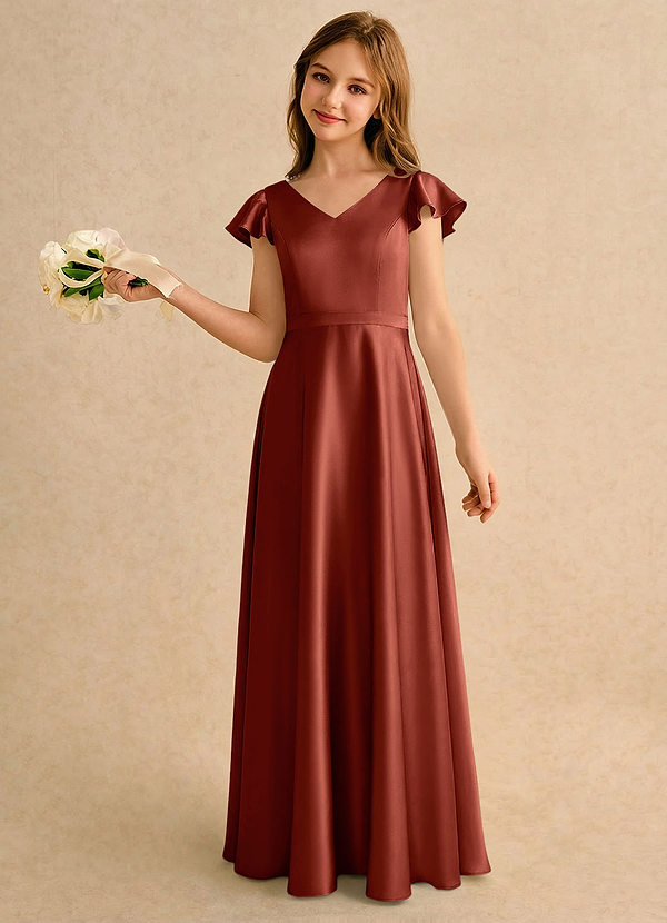 Azazie Nari Girls Formal Vestidos de Niña de Flores Vestido de Terracota de Satén Elástico de Corte en A con Con mangas image1