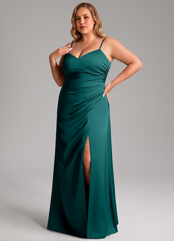 Azazie Azuree Bridesmaid Dresses Peacock A-Line Pleated Stretch Satin Dress image1