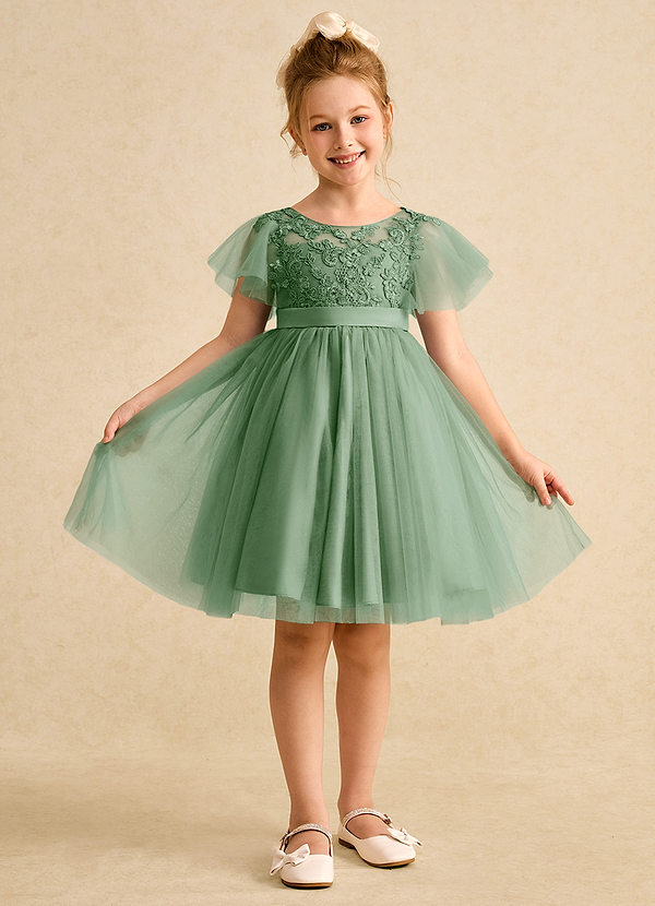 Azazie Queenie Robes de Fillette d'Honneur Robe Trapèze en Dentelle Matcha image1