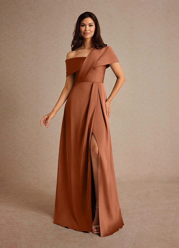 Azazie Milton Mother of the Brides Dresses Copper A-Line Pleated Stretch Satin Dress image1