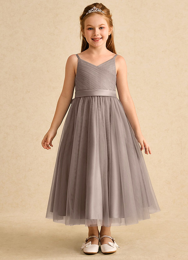 Azazie Patootie Vestidos de Niña de Flores Vestido de Gris Pardo de Tul de Corte En A con Tirante Espagueti image1