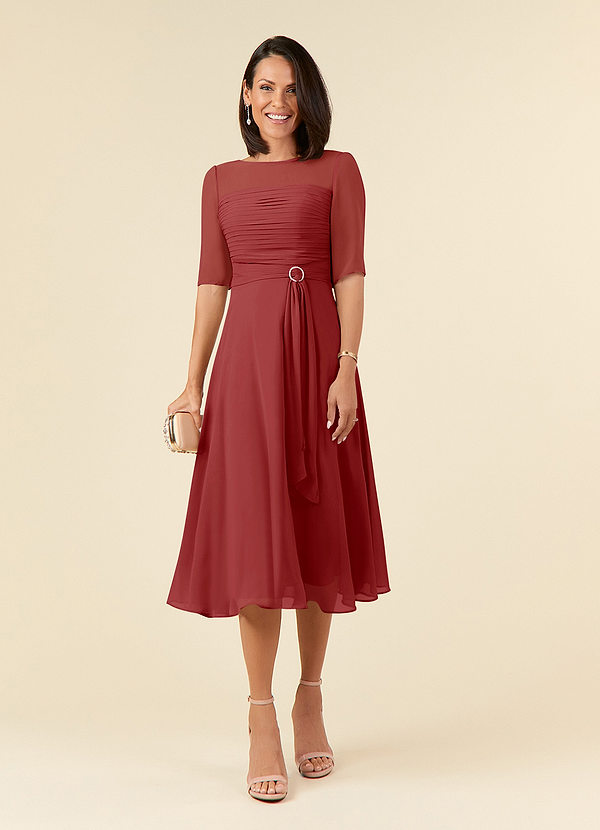 Azazie Naomi Mother of the Brides Dresses Rust A-Line Boatneck Pleated Chiffon Dress image1