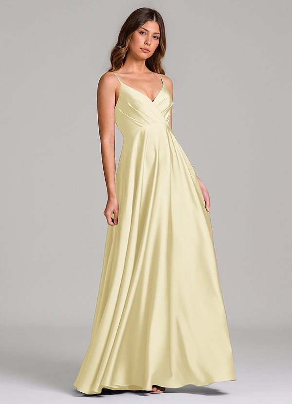 Azazie Amani Bridesmaid Dresses Lemon Sorbet A-Line Pleated Stretch Satin Dress image1