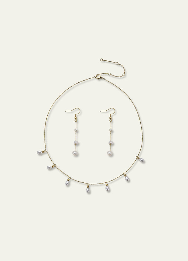 front 14K Gold Plated Stainless Steel Pearl Tassel Necklace And Natural Baroque Earrings Set