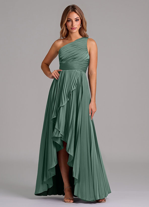 Azazie Lyrica Bridesmaid Dresses Eucalyptus A-Line One Shoulder Stretch Satin Dress image1