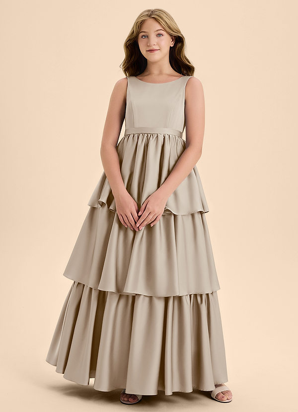 Azazie Meadowyn Junior Robe Trapèze en Satin extensible Arc Givre image1