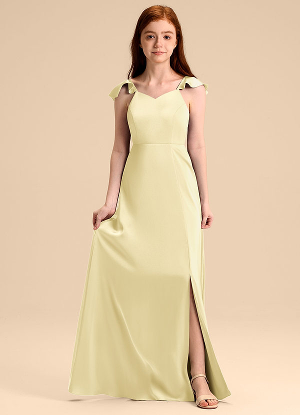 Azazie Everett Junior Vestido de Sorbete De Limón de Satén Elástico de Corte en A con Lazo image1