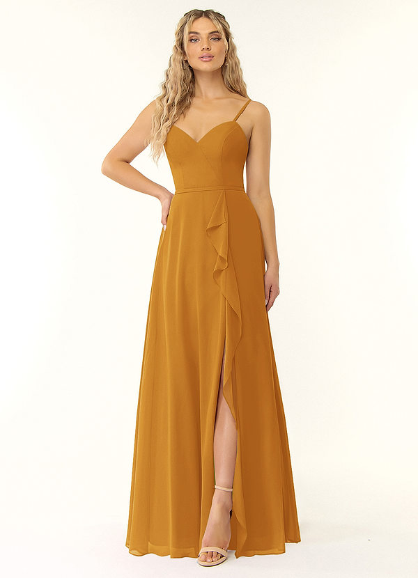 Azazie Naeem Bridesmaid Dresses Butterscotch A-Line V-Neck Ruffle Chiffon Dress image1