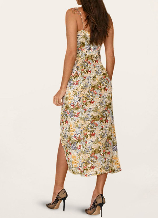 back Entrée Remarquable Vert Robe mi-longue à imprimé floral et bretelles nouées