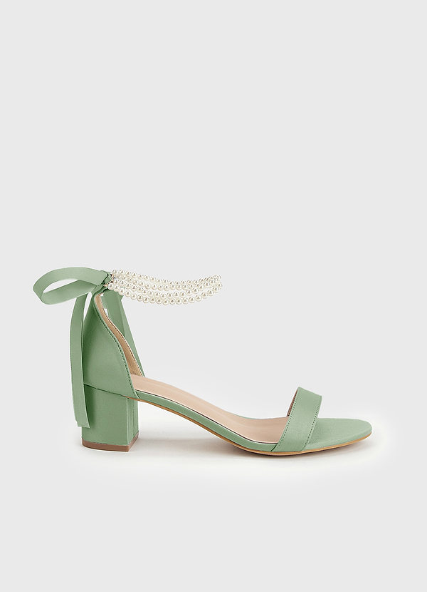 front Matching Color Matte Satin Pearl and Bow Open Toe Chunky Heel Sandals