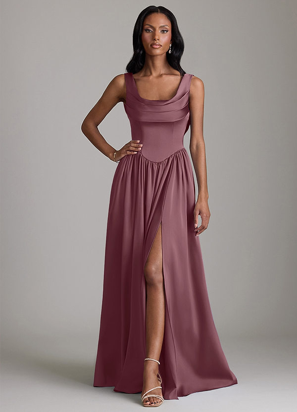 Azazie Novi Bridesmaid Dresses Amethyst A-Line with Pockets Stretch Satin Dress image1