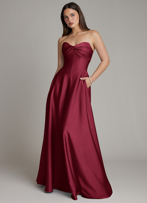 Azazie Meleena Robes de demoiselle d'honneur Robe Trapèze en Satin extensible Bustier Bourgogne image1