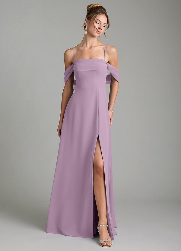 Azazie Mercedes Robes de demoiselle d'honneur Robe Trapèze en Mousseline de soie Épaules dénudées Glycine image1
