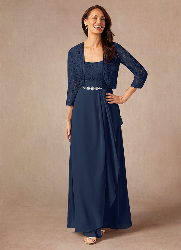 Azazie Ainsling Mother of the Brides Dresses Dark Navy A-Line Square Neckline Lace Chiffon Dress image1