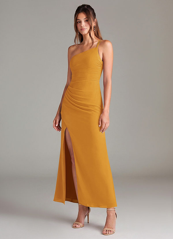 Azazie Eren 신부 들러리 드레스 인어 한쪽 어깨 쉬폰 발목 길이 드레스 image1