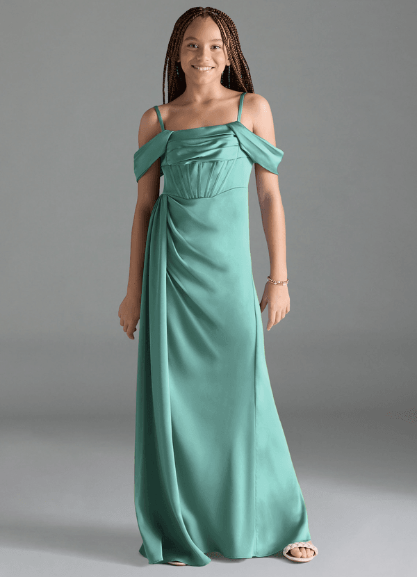 Azazie Amyra Junior Aqua Sheath Off the Shoulder Stretch Satin Dress image1