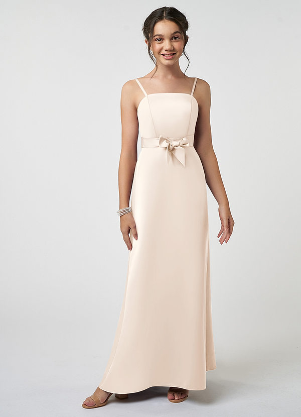 Azazie Anina Junior White Alabaster A-Line Bow Matte Satin Dress image1