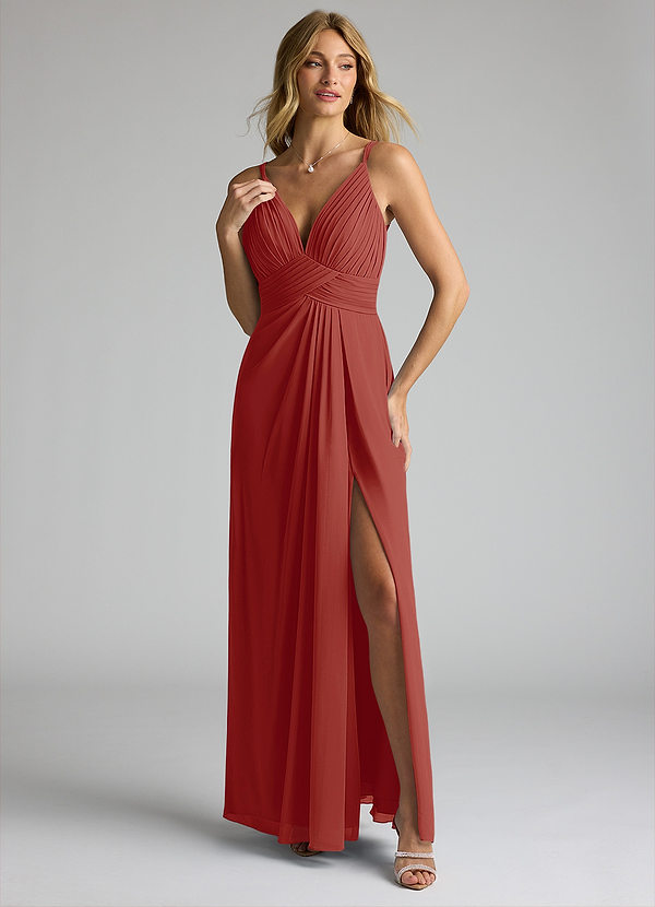 Azazie Maren Allure Brautjungfernkleider A-Linie V-Hals Spitze Chiffon Kleid Terrakotta image1