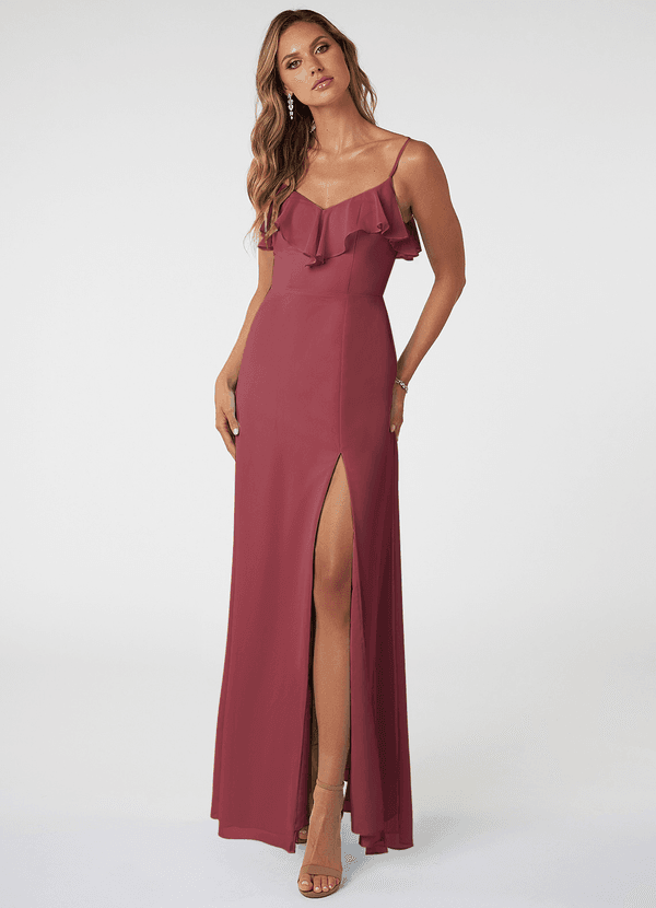 Azazie Natalia Bridesmaid Dresses Merlot A-Line Chiffon Dress image1