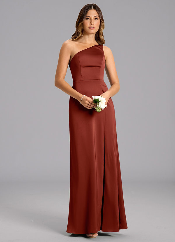 Azazie Feby Bridesmaid Dresses Terracotta A-Line One Shoulder Stretch Satin Dress image1