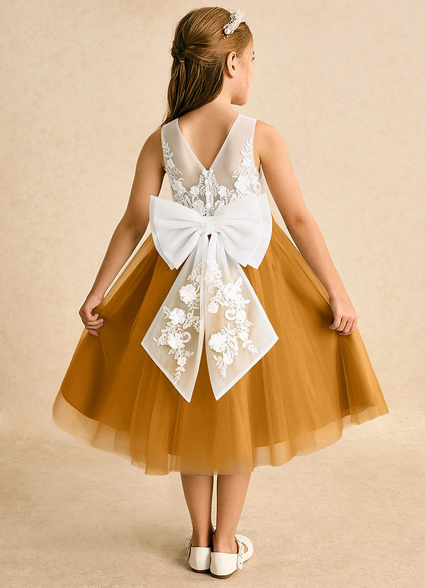 Azazie Lina Flower Girl Dresses Ivory Butterscotch Ball-Gown Lace Dress image1