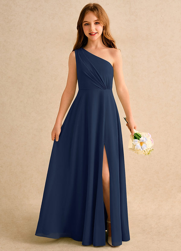 Azazie Puddles Girls Formal Robes de Fillette d'Honneur Robe Trapèze en Mousseline de soie Une épaule Bleu Marine Foncé image1