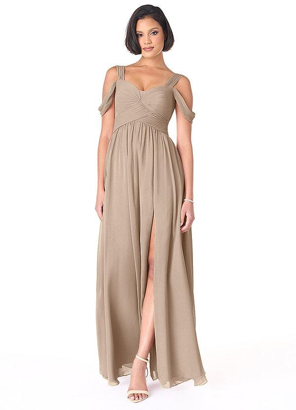 Azazie Lianne Bridesmaid Dresses Taupe A-Line Off the Shoulder Chiffon Dress image1