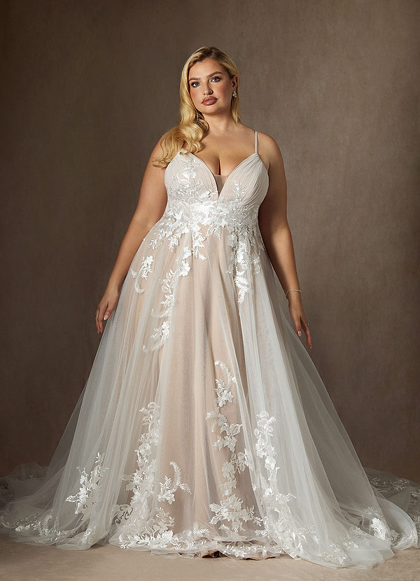 Azazie Rhodes Vestidos de Novia Vestido de Blanco Diamante Nude de Tul de Corte en A con Cuello en V Lentejuelas image1