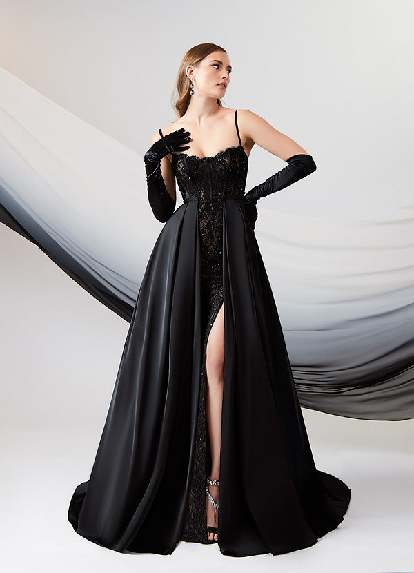 Azazie Esmeray Wedding Dresses Black Nude A-Line Sequins Stretch Satin Dress image1
