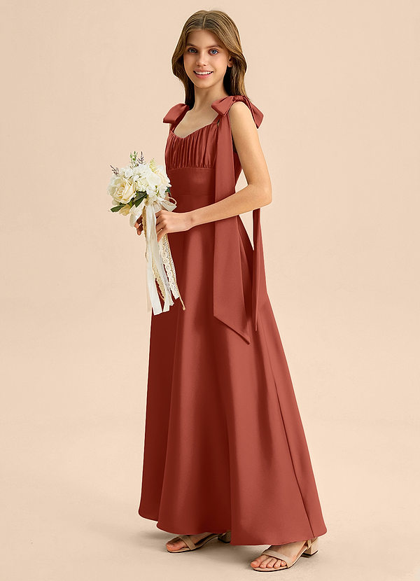 Azazie Halley Junior Abito A-Line in Raso Elasticizzato Fiocco Terracotta image1