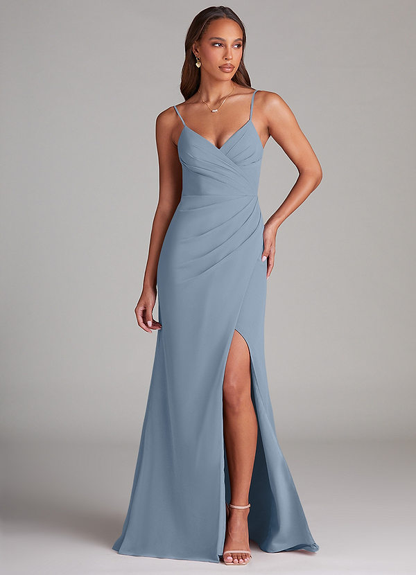 Azazie Maci Bridesmaid Dresses Dusty Blue Sheath Pleated Chiffon Dress image1